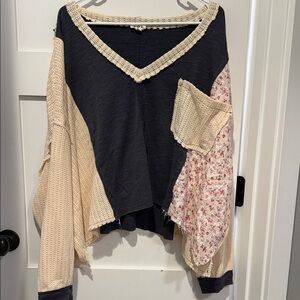 Patchwork Knit Sweater with Floral Detail